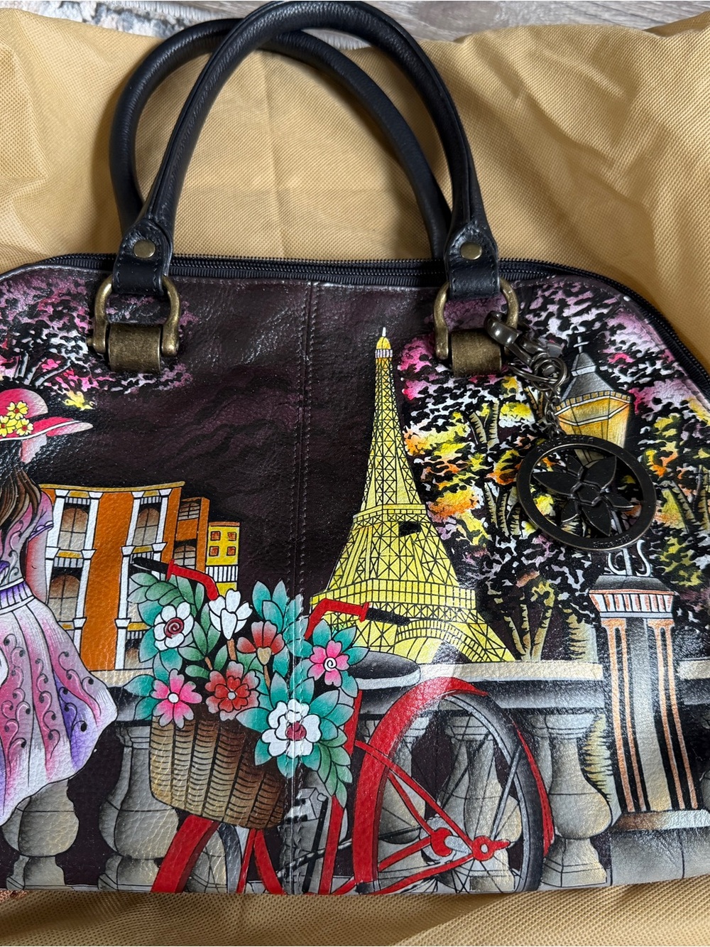 Anuschka Black Satchel with Red, Yellow & Pink Paris Scene